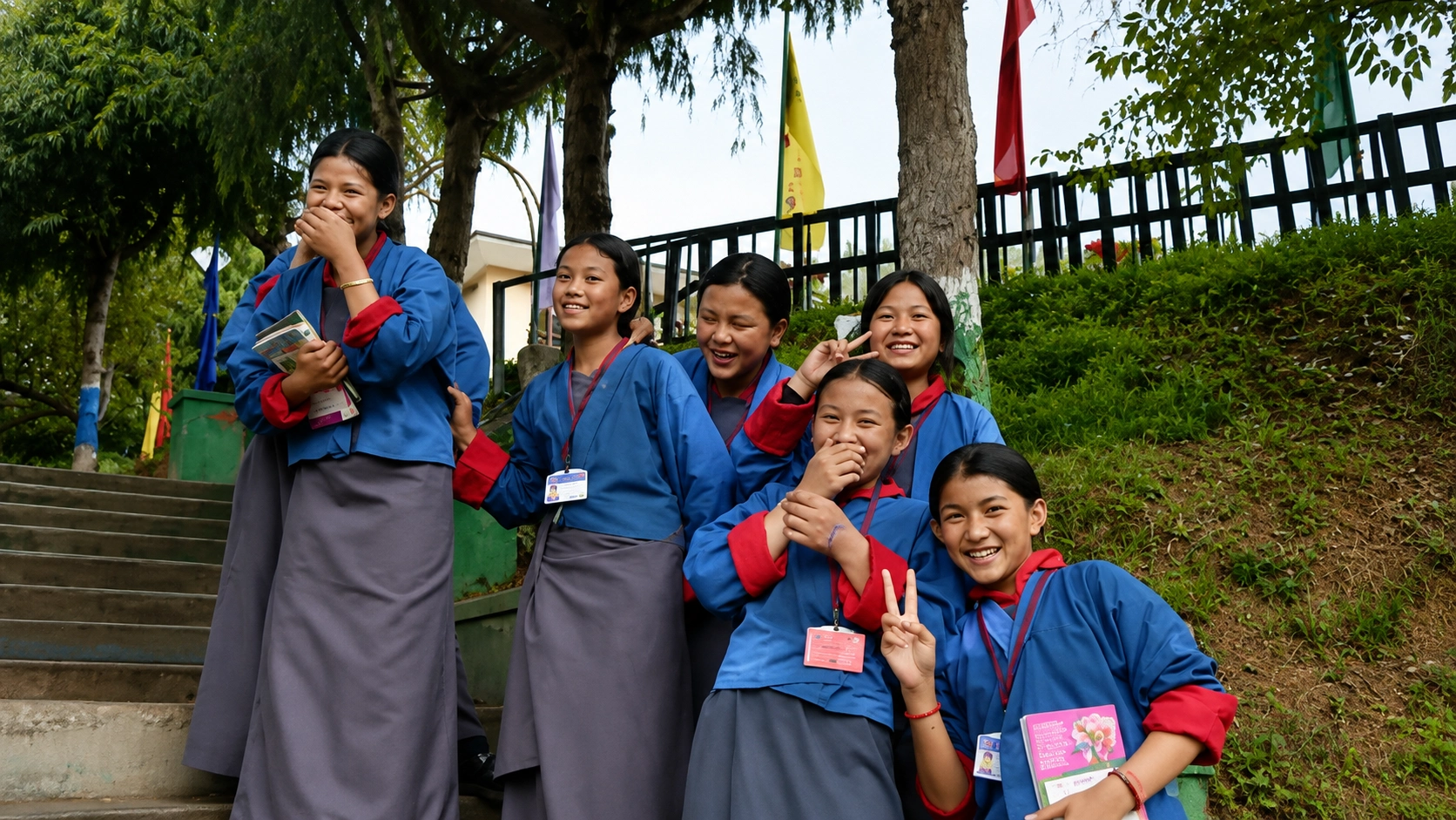 Group of Bhutanese students smiling together in traditional school uniforms