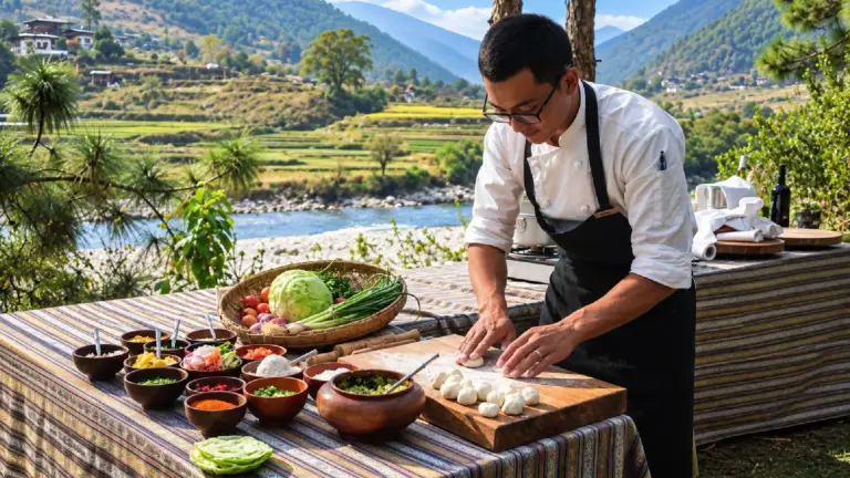 Bhutanese chef preparing local cuisine with fresh ingredients in a scenic outdoor setting