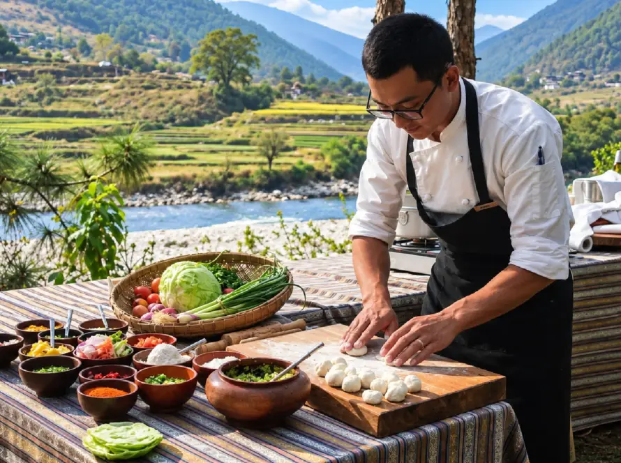 Bhutanese chef preparing local cuisine with fresh ingredients in a scenic outdoor setting