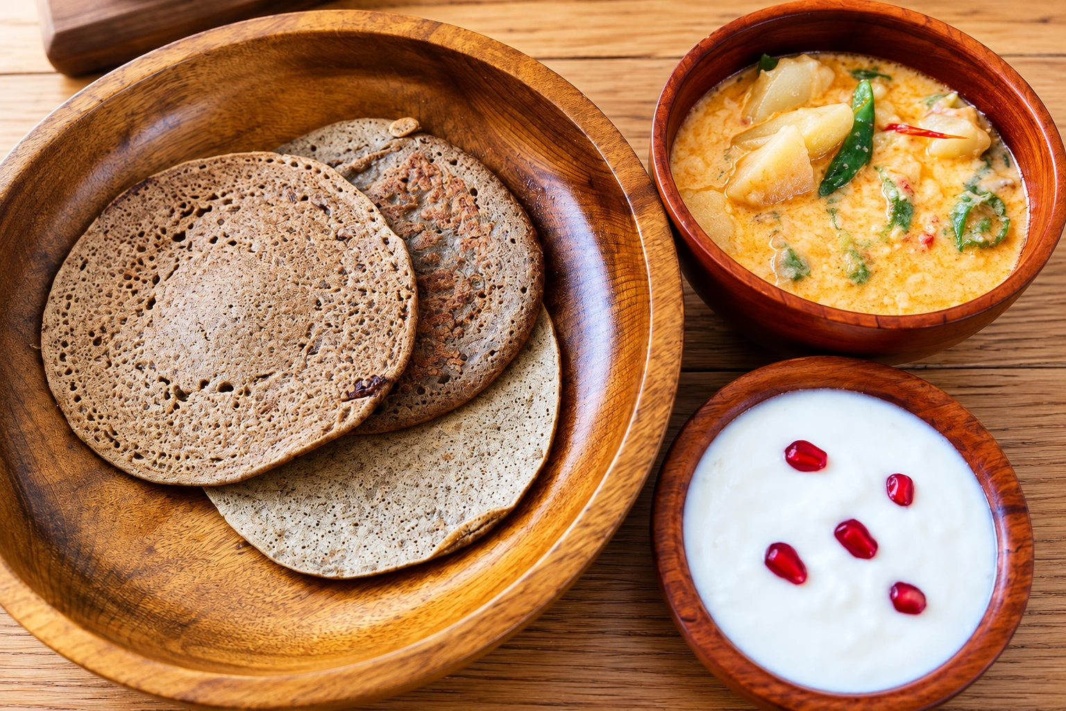 Traditional Bhutanese breakfast with buckwheat pancakes, tea and yogurt