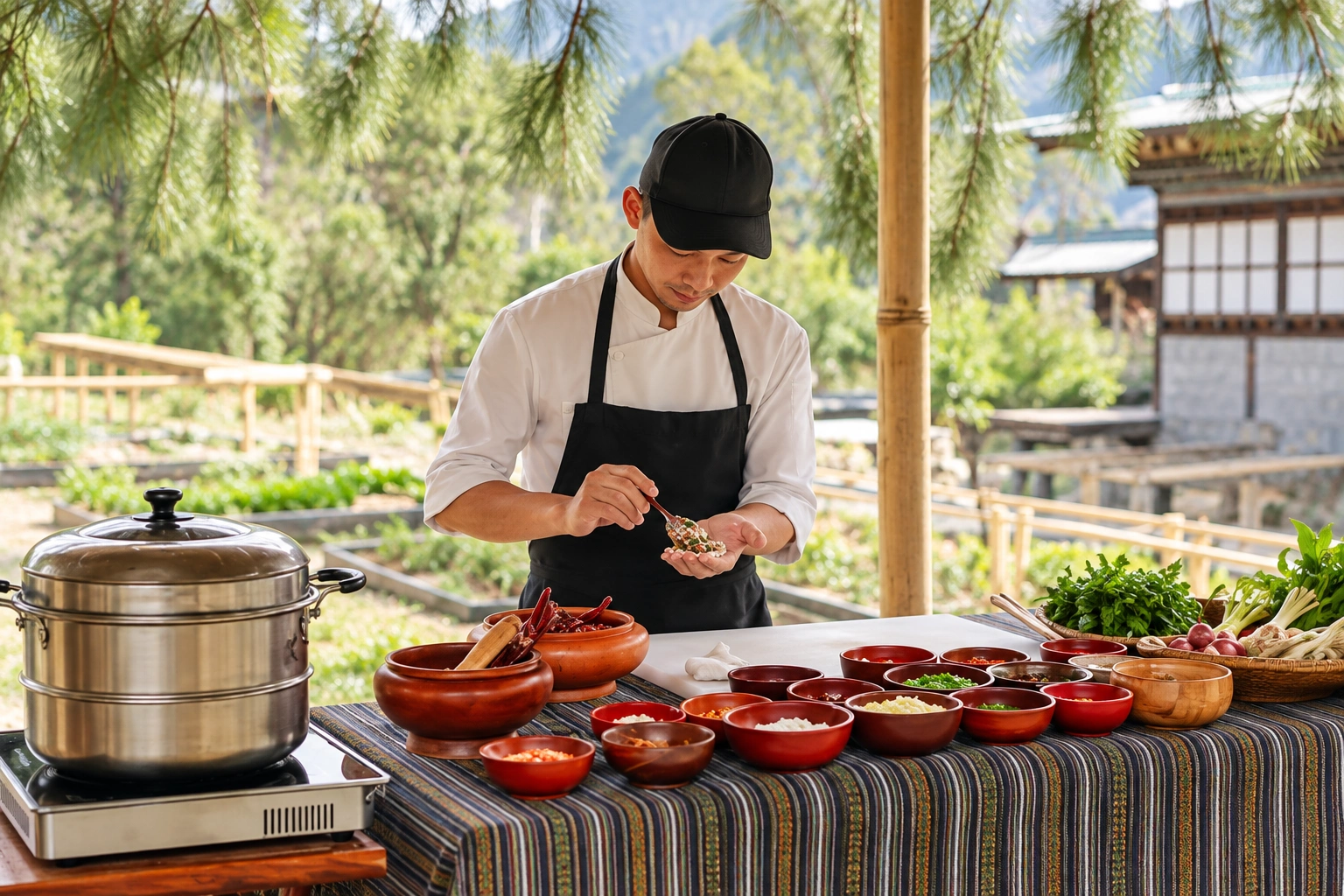Bhutanese chef preparing traditional cuisine with fresh local ingredients outdoors