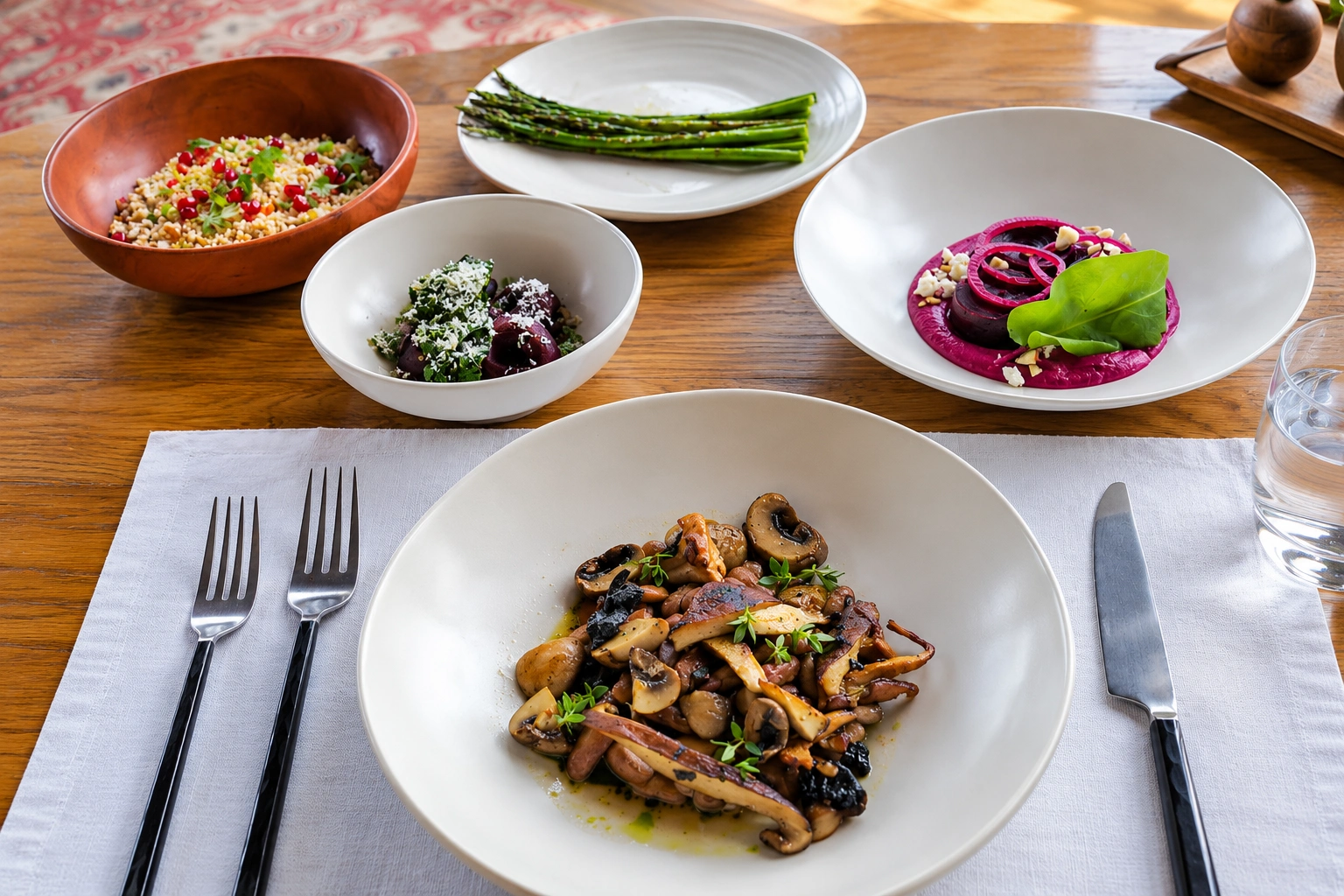 Bhutanese cuisine featuring locally sourced vegetables and mushrooms served at a dining table