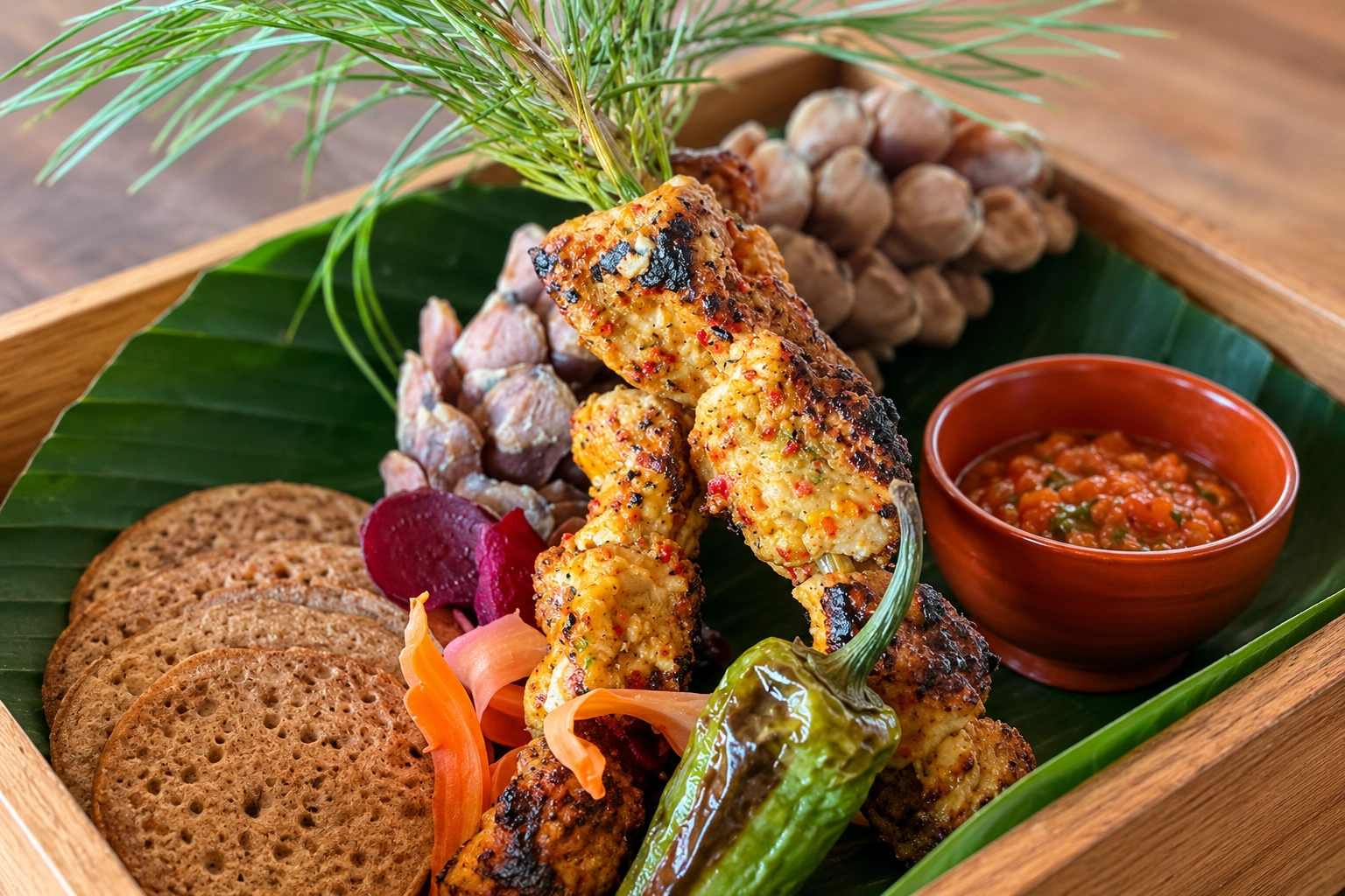 Traditional Bhutanese food platter featuring fried snacks, vegetables, bread and dipping sauce